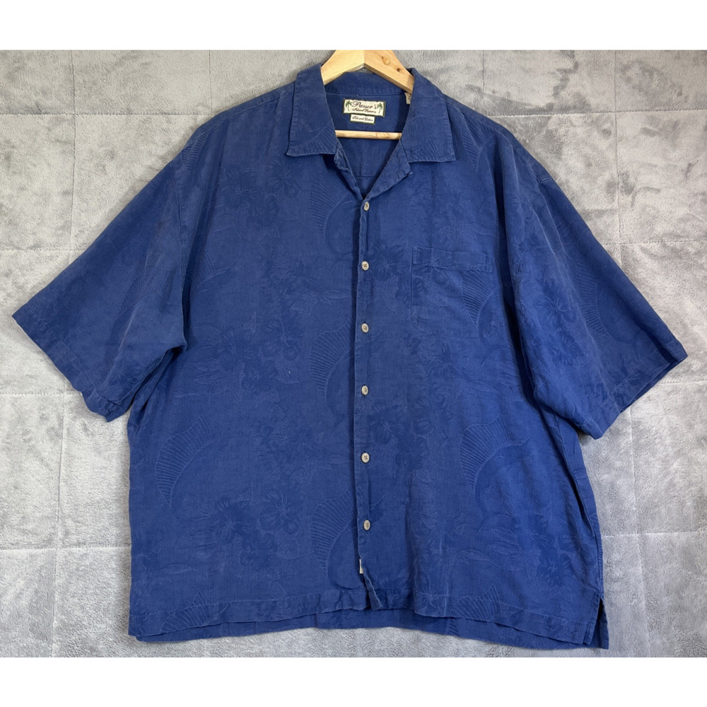 Pusser's Island Reserve Camp Shirt Mens XL Blue Silk Cotton Tropical Hawaiian